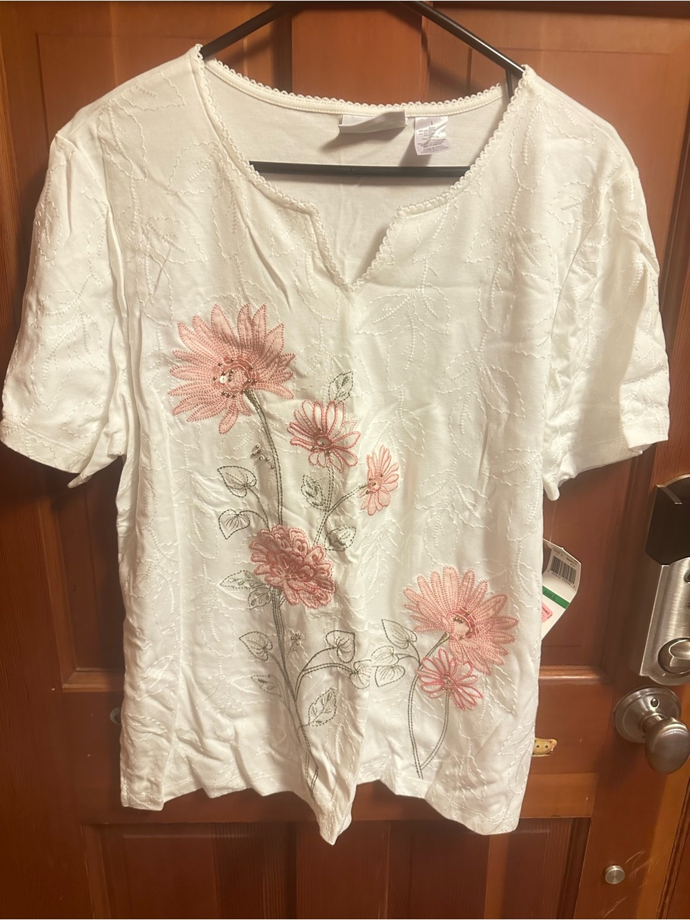 Alfred Dunner White Short-Sleeve Top with Pink Floral Embroidery